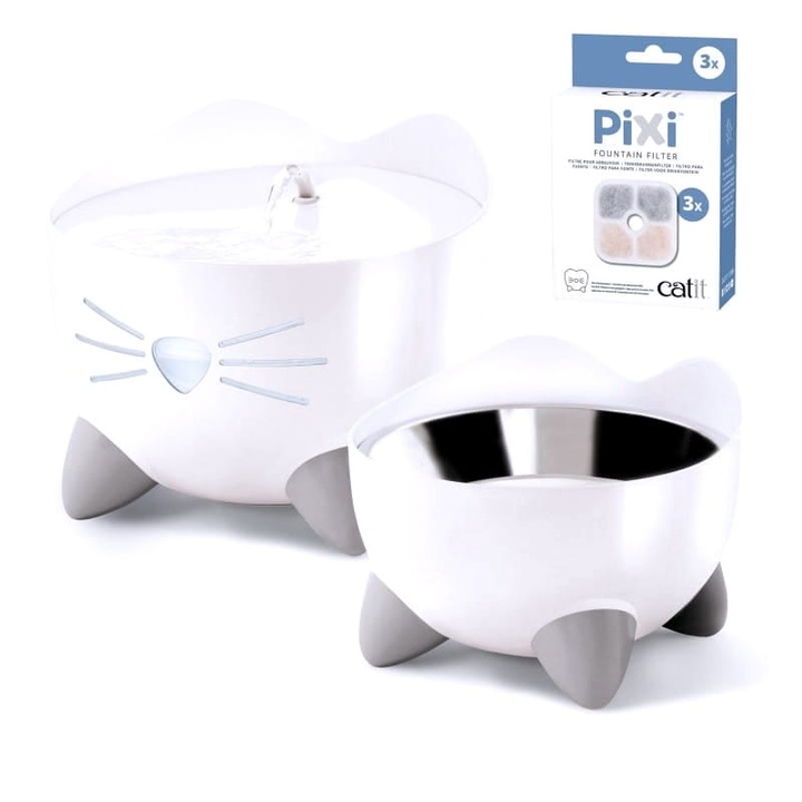 Set Fontana pentru Pisici Pixi 2,5L cu Mancare Ergonomica si 3 Filtre
