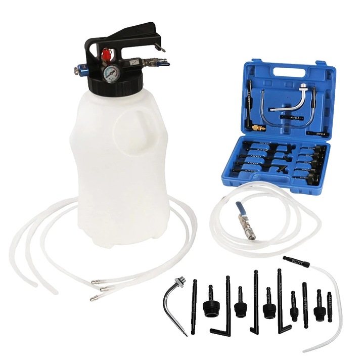 Dispozitiv pneumatic de umplere si extragere ulei, 10 L, set 13 piese, recipient din plastic, cu supapa de siguranta, multicolor