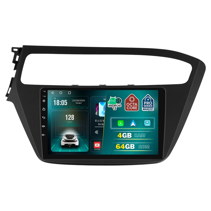 Navigatie Hyundai i20 (2018–2020) dedicata, MaxTech® PRO SERIES, 4 GB Ram 64 GB Rom OctaCore, Carplay & Android auto, Ecran 9 ” HD Touch, GPS, Wifi, Bluetooth, Radio, USB, EQ, DSP