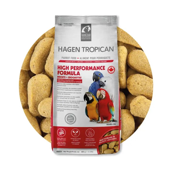 Biscuiti Hagen Hari Tropican pentru Papagali, inalta performanta, 22% proteina, 11% grasime, 680 g