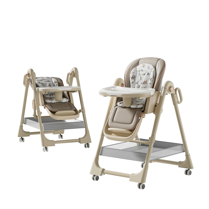 Scaun de masa pentru bebelusi, inaltime ajustabila, design pliabil, khaki