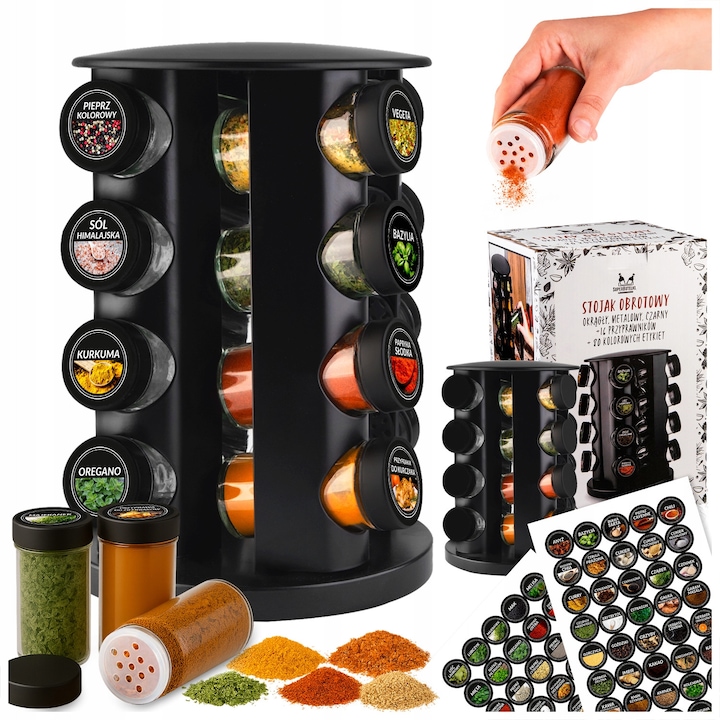 Suport Rotativ Pentru Condimente Cu Borcanele si Autocolante, Metalic, De Sticla, Inchidere Ermetica, Dozator Incorporat, 28 x 19.5 x 9.5 cm, Negru, 16 Borcanele + 75 Autocolante