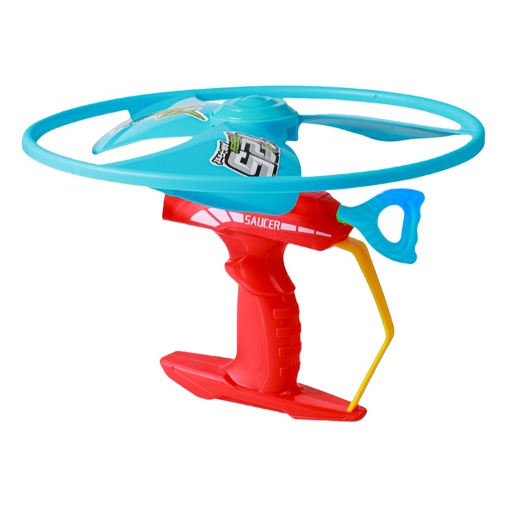 Pistol Lansator de Elice Aerodinamica, Joc de Exterior High-Speed Flying Disc, Mecanism de Lansare cu Sfoara, Include Disc Flexibil, Jucarie Interactiva de Actiune, Rosu/Albastru