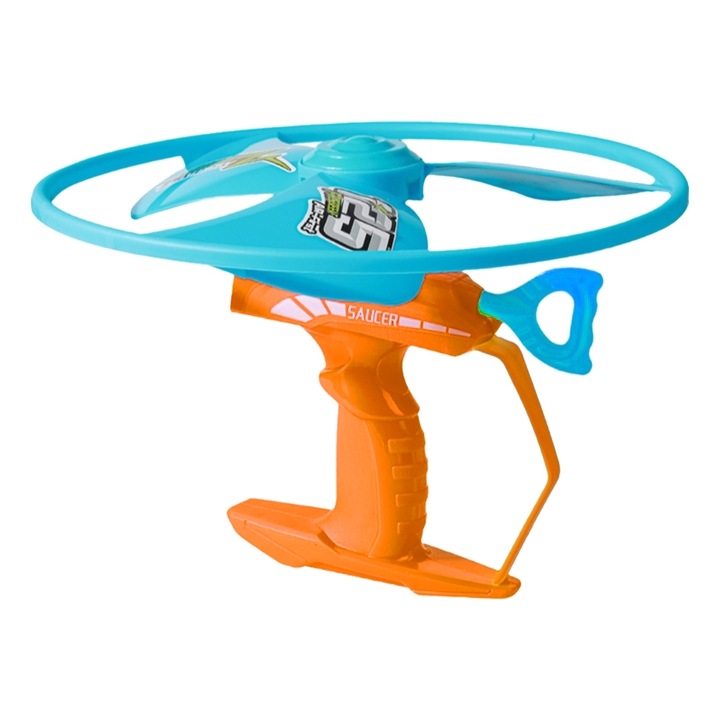 Pistol Lansator de Elice Aerodinamica, Joc de Exterior High-Speed Flying Disc, Mecanism de Lansare cu Sfoara, Include Disc Flexibil, Jucarie Interactiva de Actiune, Portocaliu/Albastru
