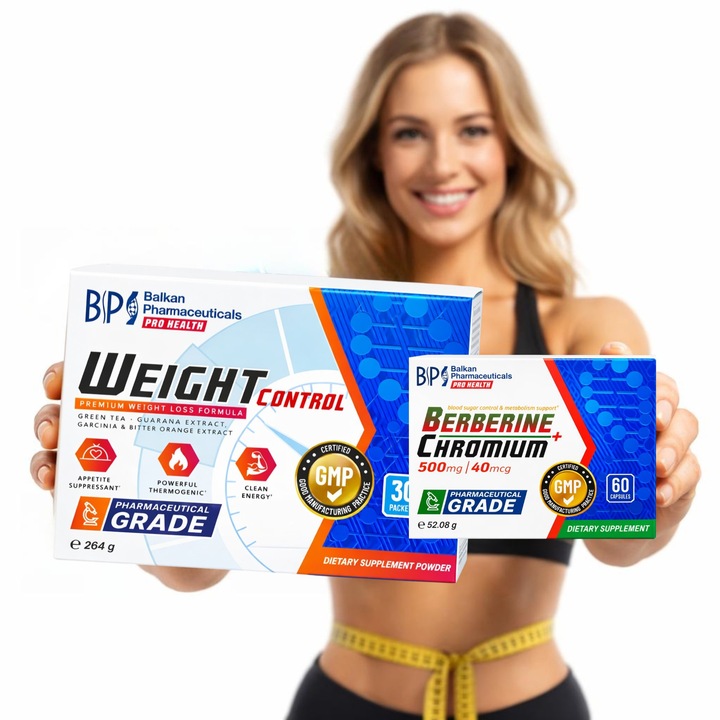 Set Slabeste Accelerat Balkan Pharmaceuticals®– Weight Control 30 plicuri + Berberine & Chromium 500mg/40mcg 60 capsule, Ardere Grasimi, Control Apetit, Metabolism Activ, Suport Glicemie, Energie, Cura 30 Zile
