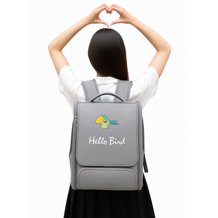 Rucsac transport pentru pasari, A&E Cages, gri, 32x30x45cm, cu zagarda si fereastra mare