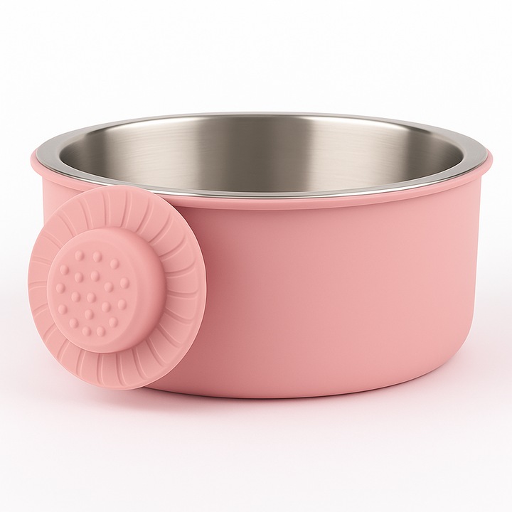 Castron metalic L pentru pasari, Caitec, roz pastel, cu suport si insertie inox, 30x30cm
