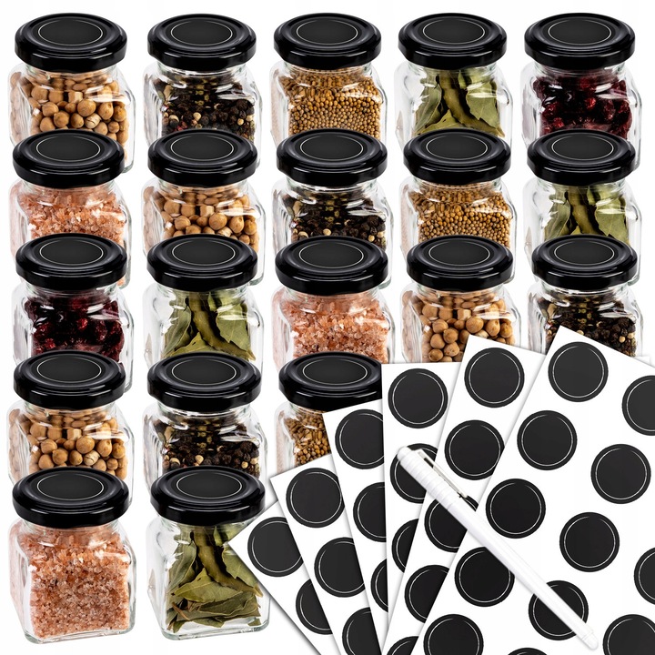 Set Borcane de Sticla Cu Etichete si Marker, De Sticla, Scooper/Lopat De Lemn, Etichete Autoadezive, 7 x 5.5 x 4.5 cm, Multicolore, 20 Buc