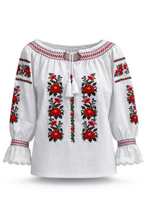 IE Traditionala Romaneasca Pentru Dama Cu Decolteu Ajustabil Si Maneca Bufanta, Alb