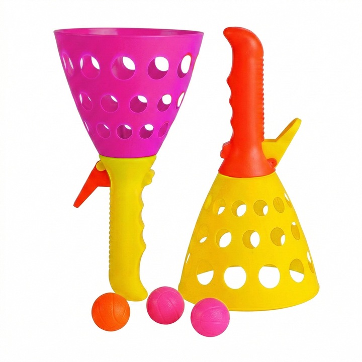 Set Joc de Exterior pentru Copii, 2 Lansatoare tip Panie cu Buton Catch & Toss si 3 Mingi incluse, Joc Interactiv de Aruncat si Prins, Dezvolta Reflexele si Motricitatea, Multicolor