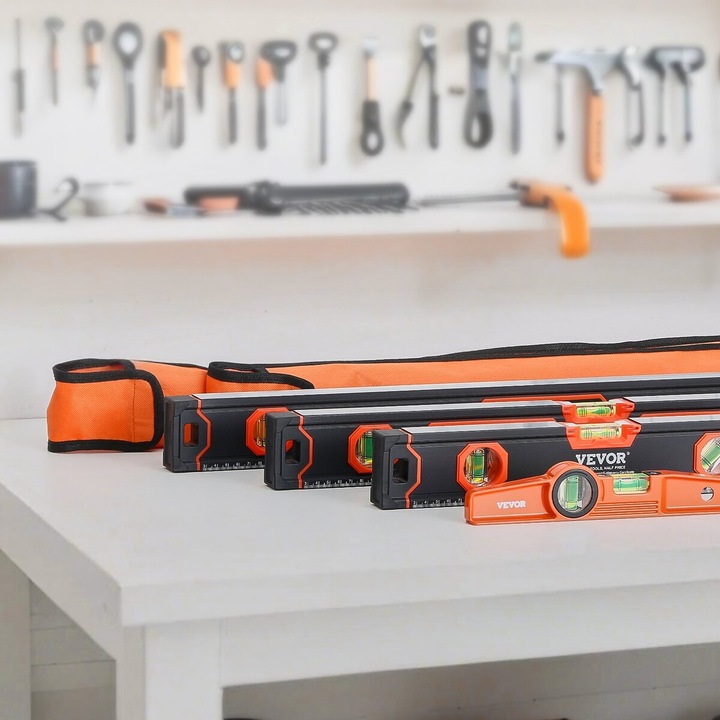 Set de 4 nivele torpedo magnetice, VEVOR, 10/16/24/48 inch, negru + portocaliu, material aluminiu