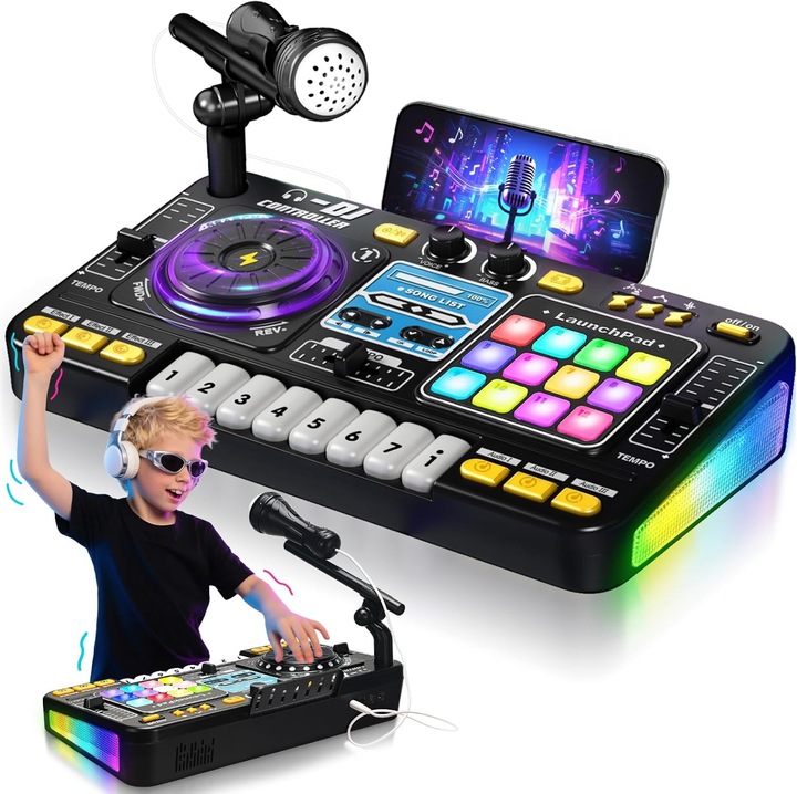Excitat® DJ Asztal Gyerekeknek Forgó Lemezjátszókkal, Játék Mód, Fények és Sebességszabályozás, Mikrofonnal, Ideális Ajándék 3-6 Éves Fiúknak és Lányoknak, Komplett DJ Keverő Szett a Kicsiknek
