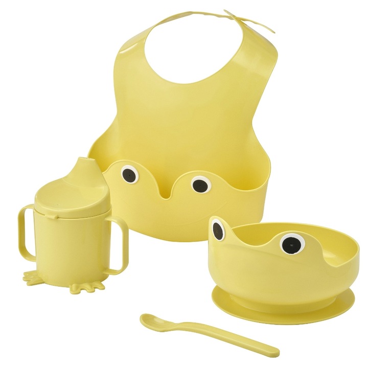 4 részes baba etetőkészlet, HomeNext, tál, pohár, kanál, előke, műanyag, világossárga