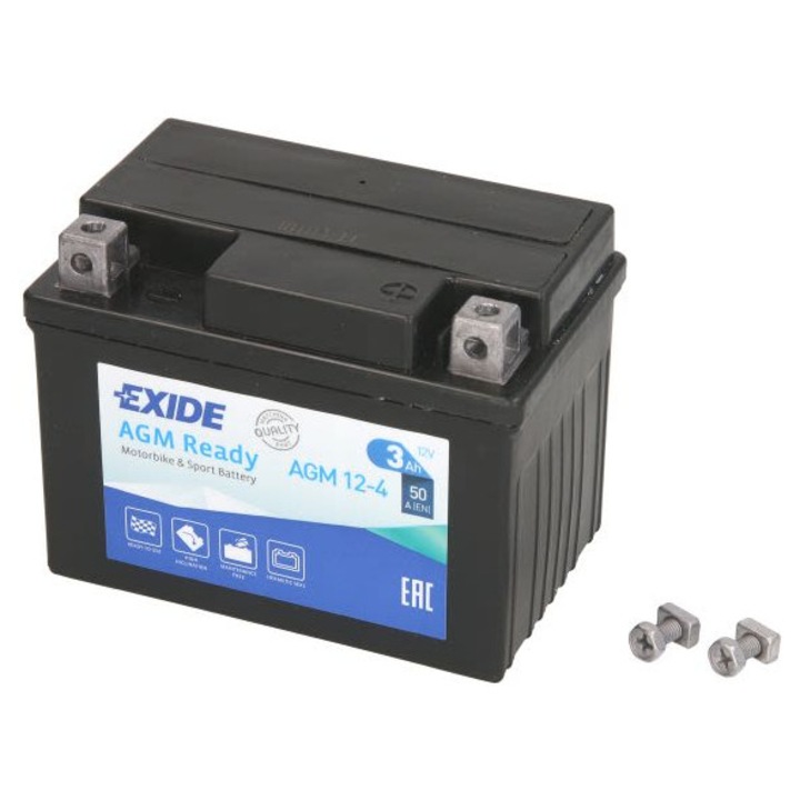 Acumulator Moto AGM Ready AGM12-4 Exide 12V 3Ah 50A echivalent cu YTX4L-BS