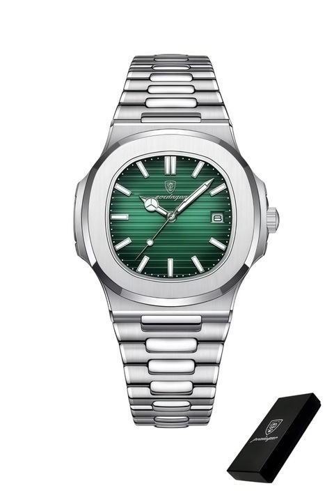 Ceas Barbatesc POEDAGAR® 613 Otel Inoxidabil, Design Clasic Verde si Argintiu, Mecanism Quartz de Precizie, Afisare Data, Rezistent la Apa, Cureaua Ajustabila, Cadou Elegant pentru Ziua de Nastere, Craciun sau Aniversare