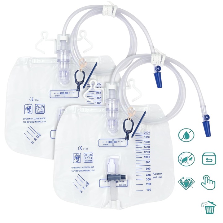 Set 2 pungi urinare, Bedee, Tub de drenaj flexibil si rezistent la indoire de 2000cc, 120 cm, marcaje usor de citit, anti-scurgere, anti-reflux, sterilizat, de unica folosinta