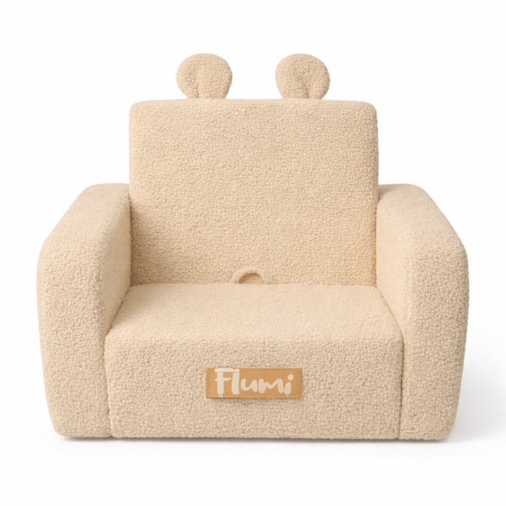 Fotoliu copii extensibil Flumi 2 in 1, pliabil din spuma, tesatura teddy, husa detasabila lavabila, buzunare laterale, bej inchis