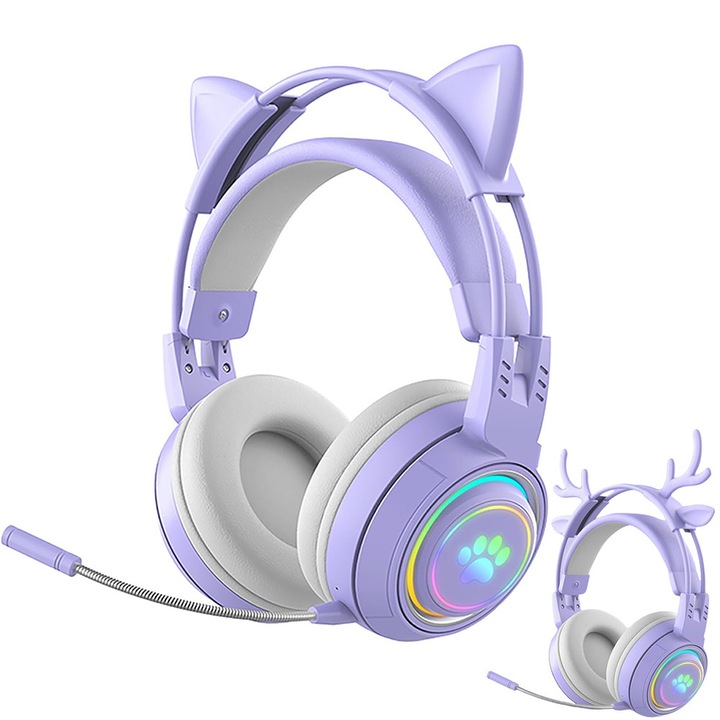 Vezeték nélküli gamer fejhallgató, ZJZ, RGB világítás, 50mm-es meghajtók, levehető mikrofon, 5 EQ hangeffektus, dupla mód Zene/Játék, Lila