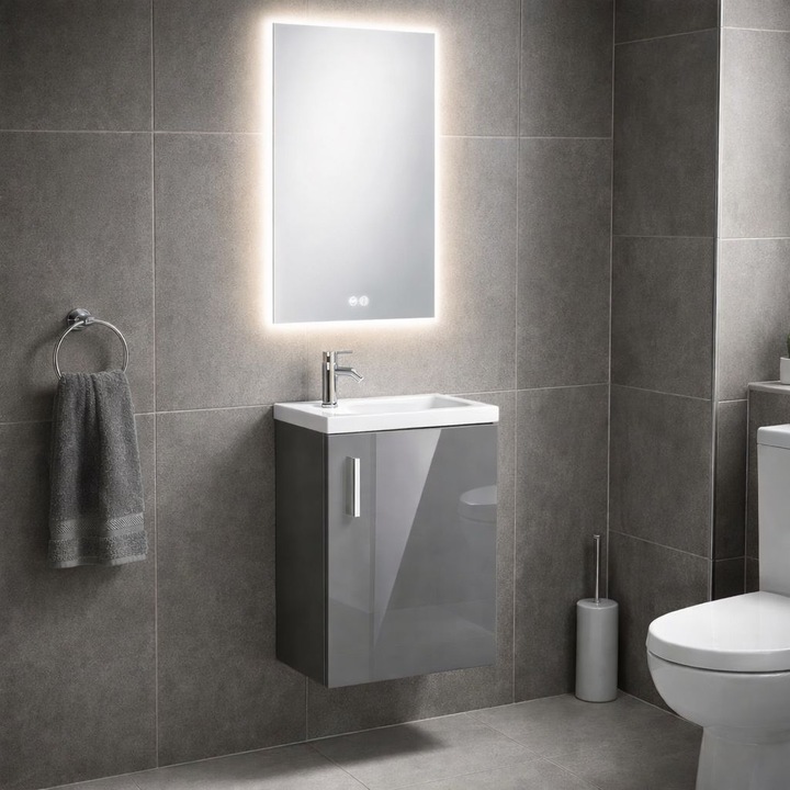 Set mobilier baie, suspendat, PVC, 40x22x54 cm, lavoar inclus, oglinda LED 40x70 cm, 3 culori de lumina, functie dezaburire, gri lucios