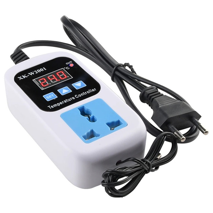 Controler temperatura cu priza EU XK-W2001, AC 220V, termostat afisaj digital, sonda 1 m impermeabila