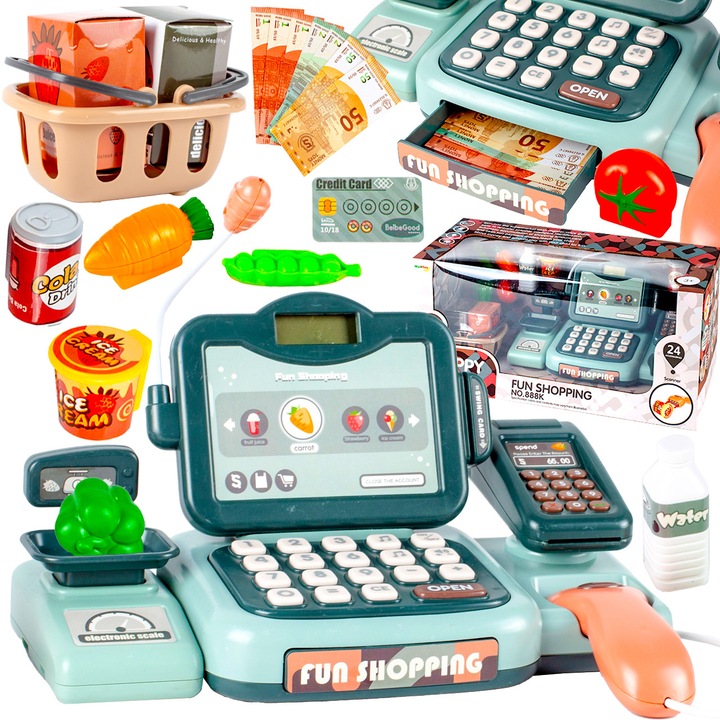 Касов апарат с 24 интерактивни елемента с LCD дисплей, скенер, кошница за пазаруване Malplay