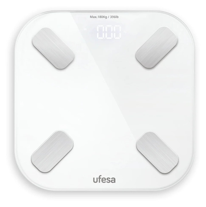 UFESA Nyon fürdőszobai mérleg, elektronikus, LCD kijelző, 150 kg kapacitás, fehér/modern design