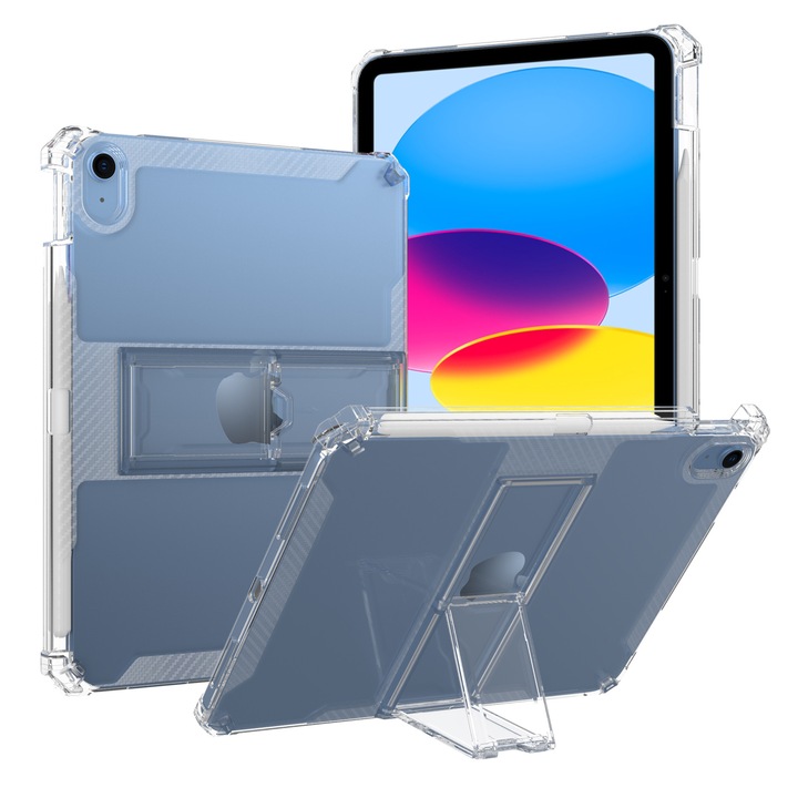 Husa de protectie DEISNGB pentru Apple iPad 7/8/9 10.2", silicon transparent antishock cu colturi intarite, suport integrat pentru tableta si stylus, rezistenta la socuri, ideala pentru filme, jocuri, lectii online si birou, transparenta