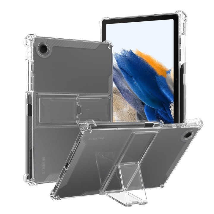 Husa de protectie DEISNGB pentru Samsung Galaxy Tab A9 Plus 11", silicon transparent antishock cu colturi intarite, suport integrat pentru tableta si stylus, rezistenta la socuri, ideala pentru filme, jocuri, lectii online si birou, transparenta