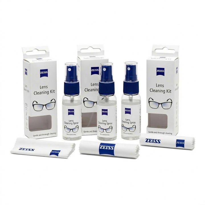 Set Curatare Ochelari ZEISS – Triple Pack 3 x Solutie Curatare 30 ml + 3 Lavete Microfibra Premium – Original ZEISS – pentru lentile, ecrane, obiective foto