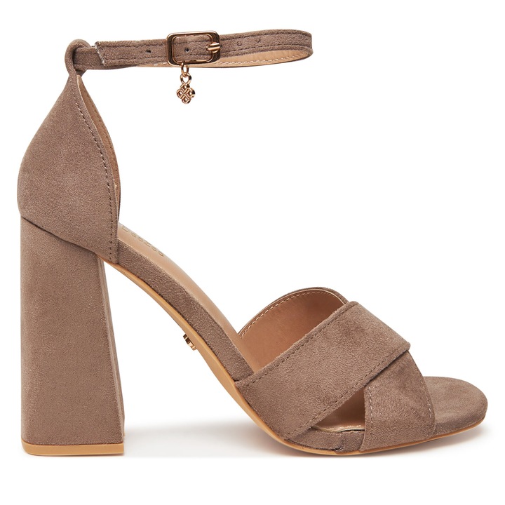 Sandale dama, DeeZee, maro, material textil, toc bloc