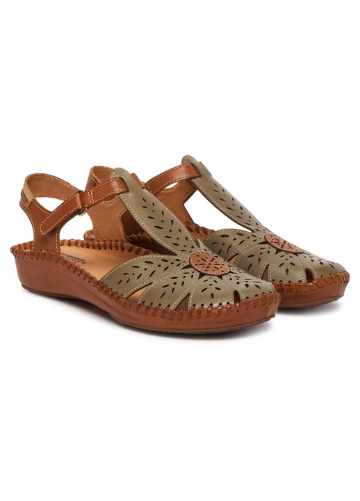 Sandale dama Pikolinos, piele naturala, verde/maro, sistem inchidere Velcro