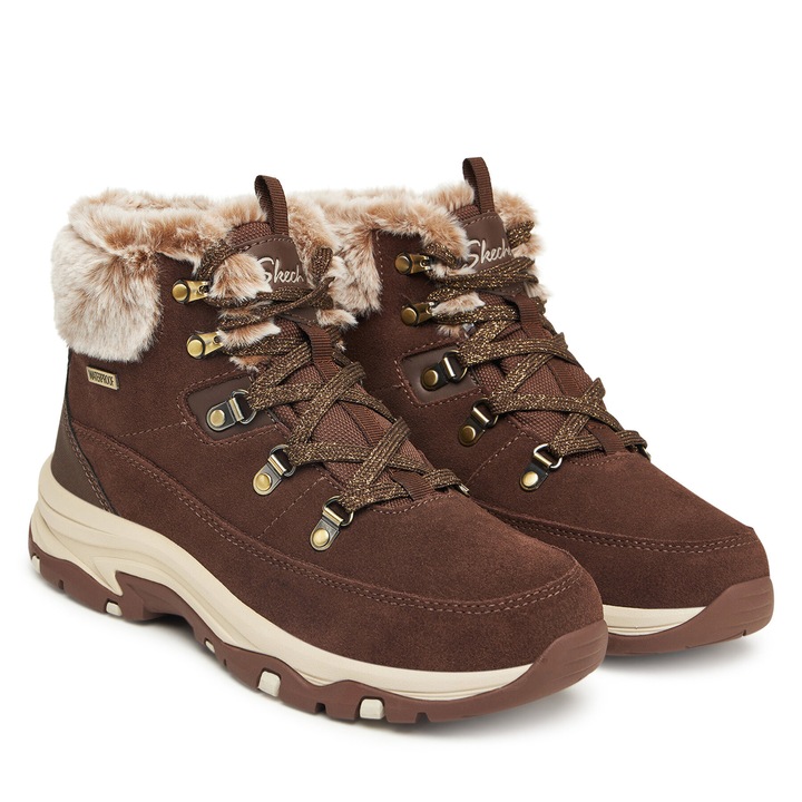Bocanci trekking dama, Skechers, piele naturala, confortabil, maro, 35 EU