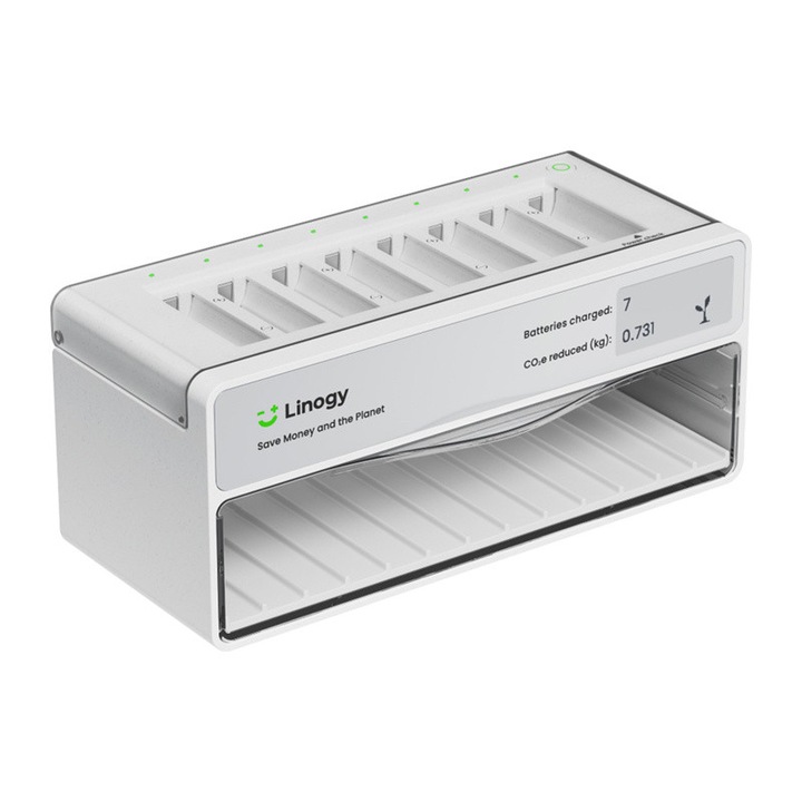 Statie de incarcare LINOGY pentru bateriile AA / AAA, USB-C, 5V, 3A, 8 sloturi incarcare, Alb