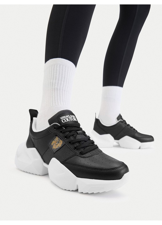 Női tornacipő, Versace Jeans Couture, természetes bőr, fekete, vastag talppal