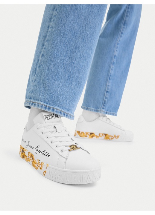 Дамски кецове, Versace Jeans Couture, естествена кожа, бял, златист, 80VA3SKL ZPB79