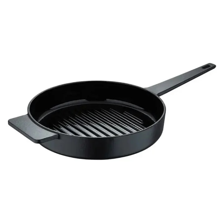 Tigaie grill din fonta, Masterpro Eternal, Interior emailat, Compatibila cu inductie, 25 cm, Negru