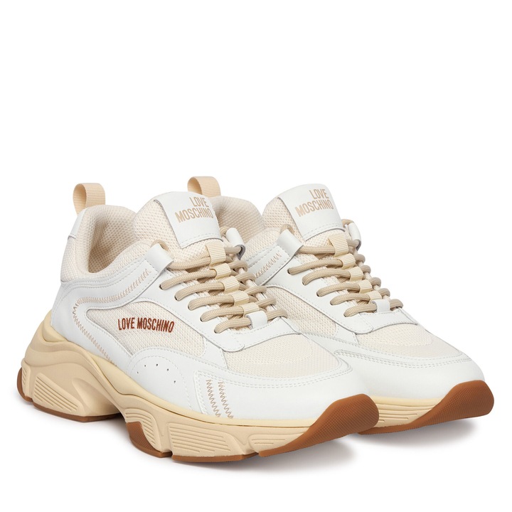 Női tornacipő, Love Moschino, természetes bőr, fehér/bézs, vastag talp