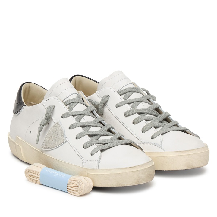 Tenisi dama, Philippe Model, piele naturala, alb/negru, cu sireturi suplimentare