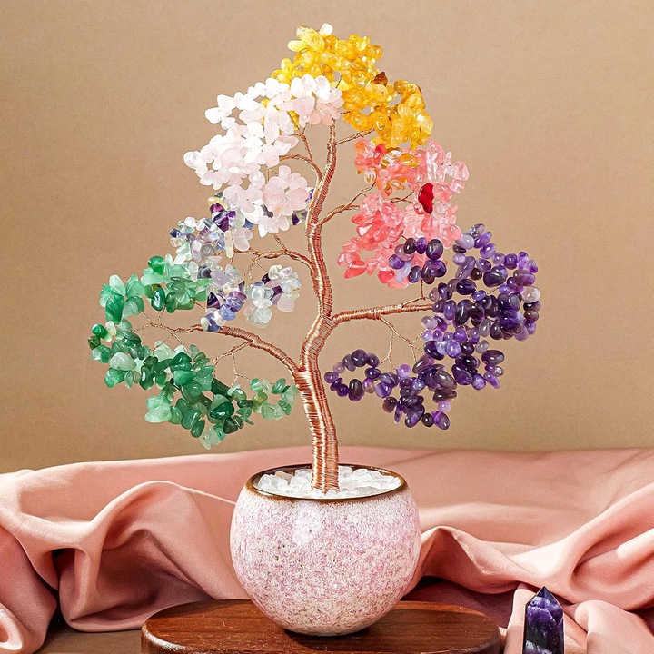 Chakra Arborele Vietii Excitat@, Decoratiune Feng Shui, Arborele de cristal pentru energie pozitiva, Pentru noroc, echilibru, dragoste si prosperitate, Din cristale naturale si pietre vindecatoare, Aproximativ 25cm inaltime