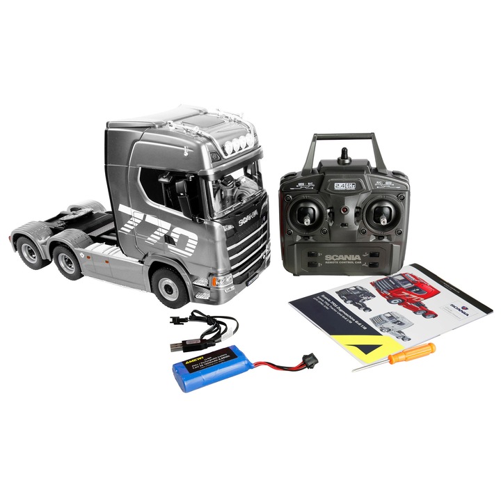 Camion RC cu telecomanda Scania 770 S 6X4 gri, Lungime 38.5 cm, Scara 1:18, Lumina LED, Sunet, 2.4 Ghz, 12 canale, RTR, 8+
