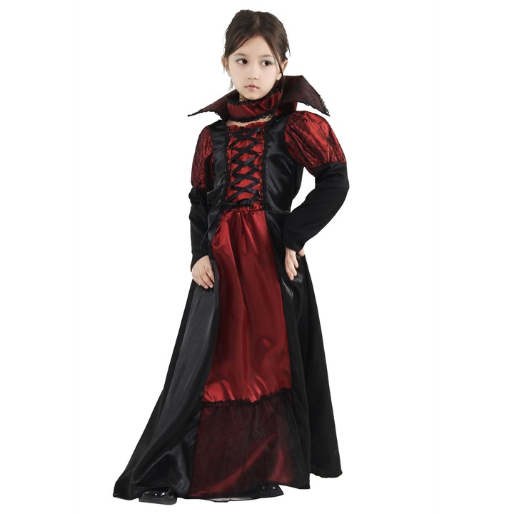 Costum vampir pentru fete cu accesorii, pentru Halloween si carnaval, XL (10–12 ani), culoare negru si rosu
