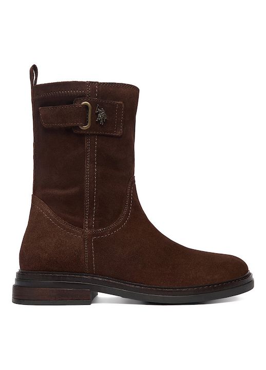 Botine dama, U.S. Polo Assn., piele intoarsa si material textil, maro, toc bloc, Maro