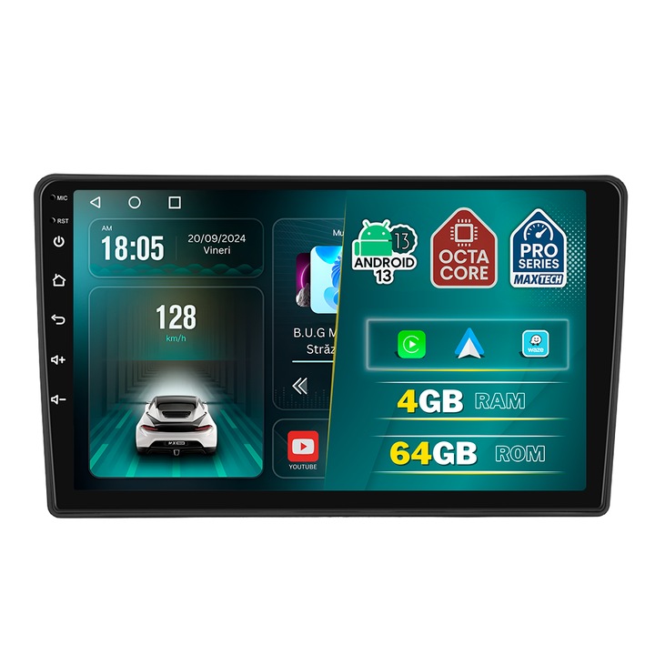 Navigatie Volkswagen Bora 2005–2006 dedicata, MaxTech® PRO SERIES, 4 GB Ram 64 GB Rom OctaCore, Carplay & Android auto, Ecran 9 ” HD Touch, GPS, Wifi, Bluetooth, Radio, USB, EQ, DSP