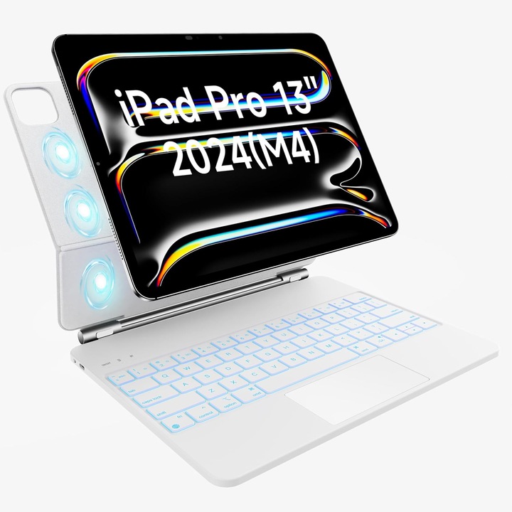 Tastatura magnetica cu touchpad pentru iPad Pro 13" M4/M5, iluminare 7 culori, material PU, alb