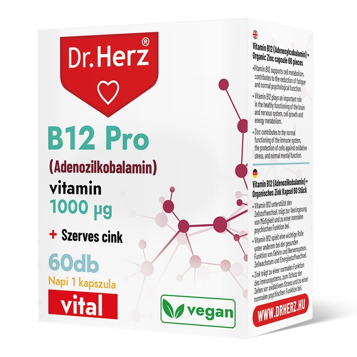 Capsule vegane cu vitamina B12 Pro 1000 μg si zinc organic Dr Herz 60 buc