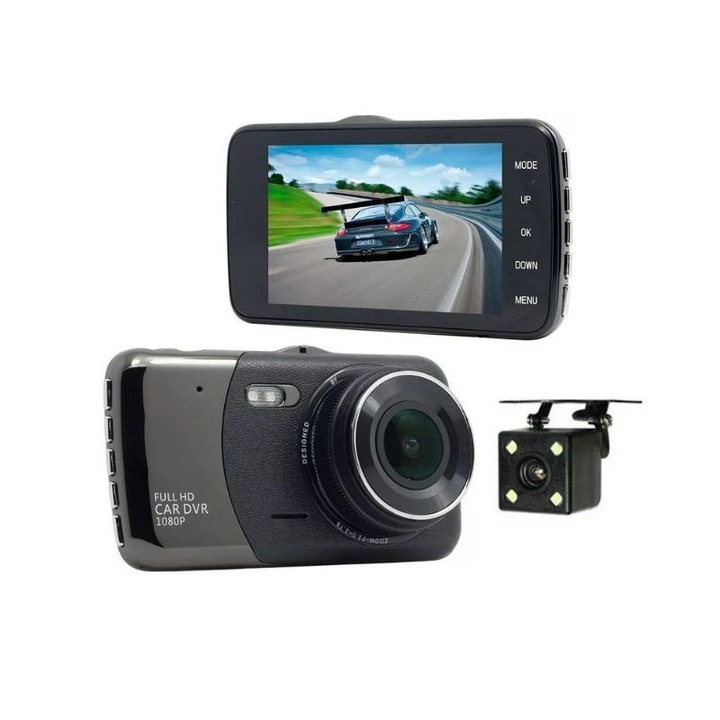 Camera auto DVR Tradesor 1080P Full HD, 4 inch, lentila wide-angle, detectie miscare, set complet