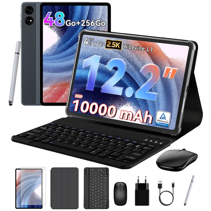 Tableta Tabwee T60 12 Inch Tableta cu tastatura - Android 16, 48 GB RAM + 256 GB ROM, 10000 mAh, 16 MP + 8 MP, 1600 x 2400 FHD +, Gemini AI, GPS, Tableta cu card SIM, Gri