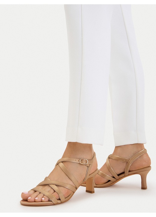 Sandale dama, Jenny, auriu, material textil, toc clasic