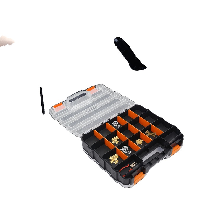 Szerszámtároló doboz, 34 rekeszes, hordozható kialakítású, fekete, 32x27x8cm