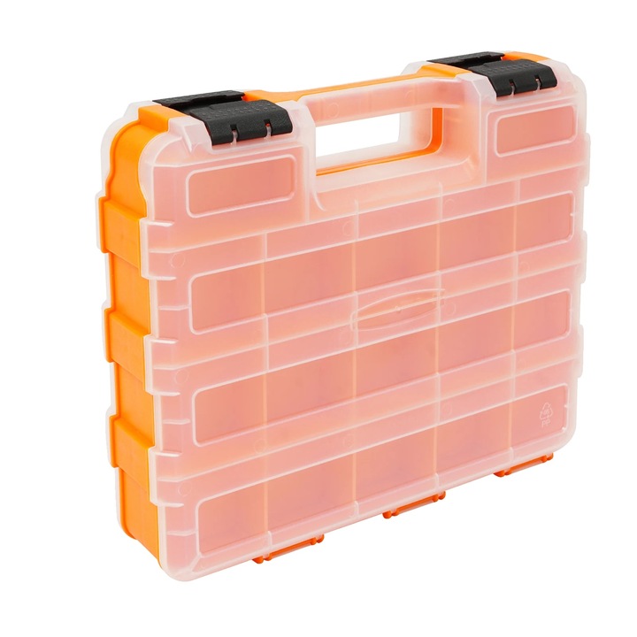 Szerszámtároló doboz, 34 rekeszes, hordozható kialakítás, narancssárga, 32x27x8cm